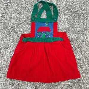 Vintage Corduroy Jumper Dress Cottagecore Red Green‎ Girl's Applique House